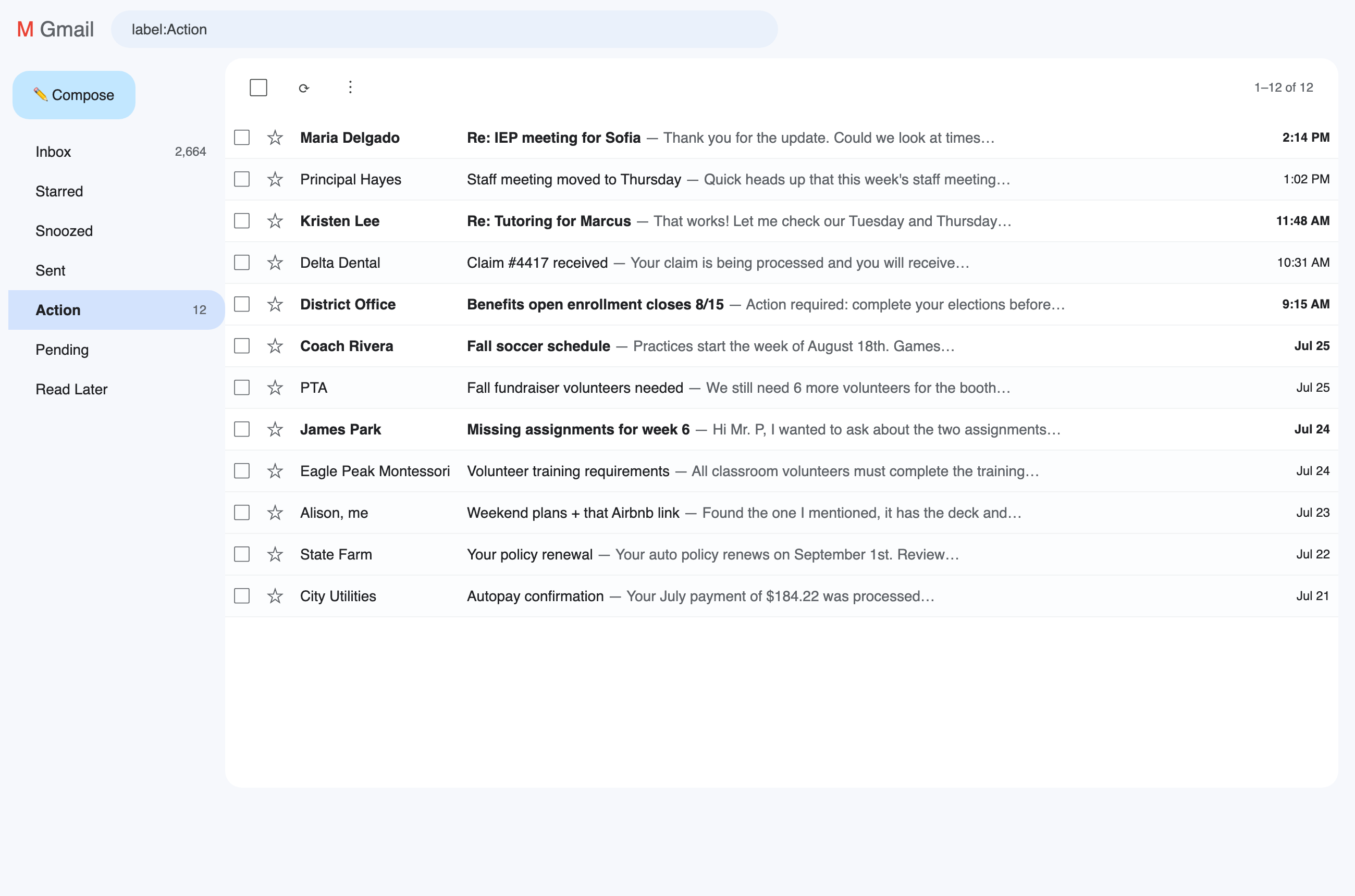 A default Gmail label: twelve unrelated threads in date order