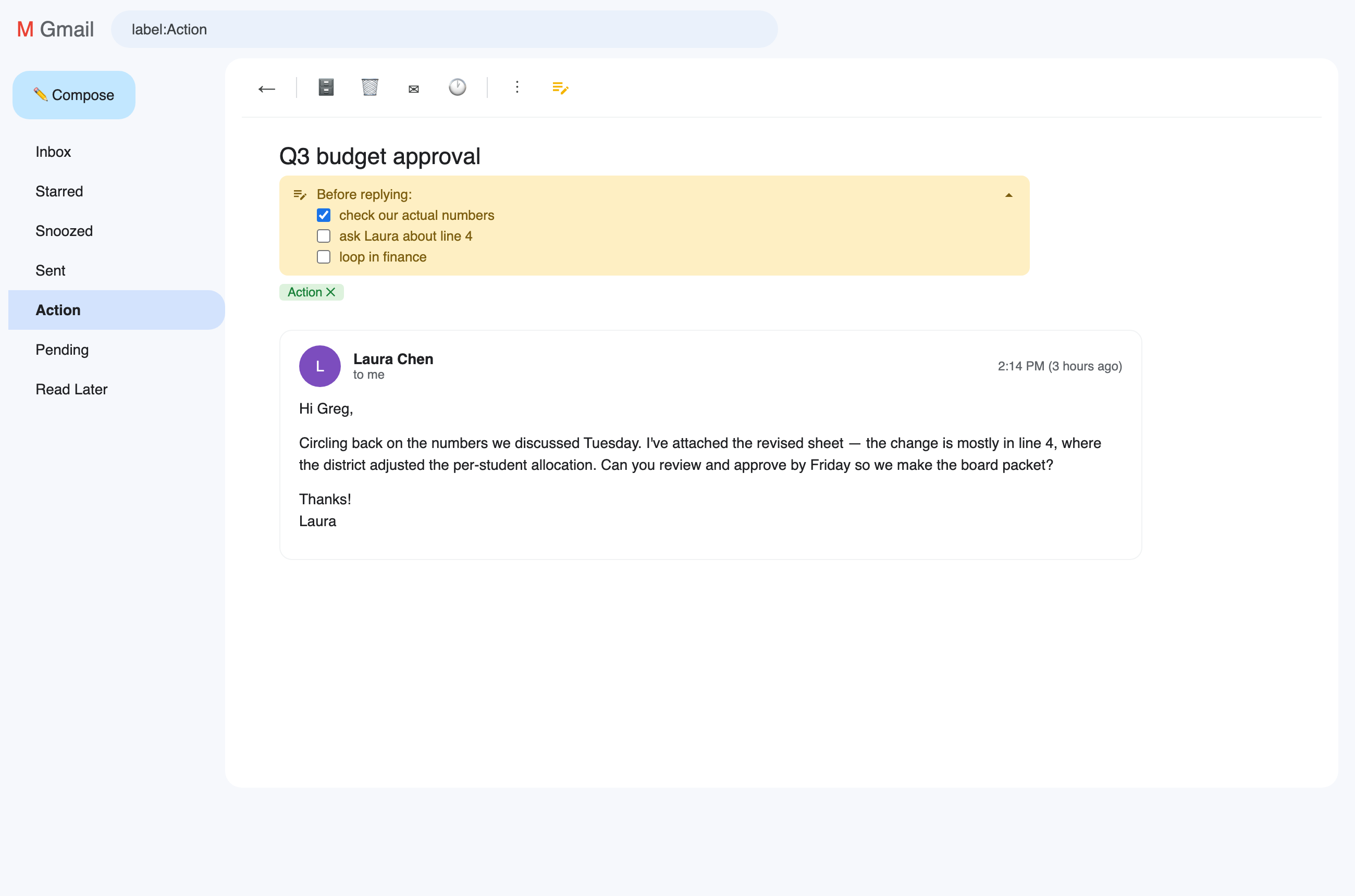 An open Gmail conversation with a Shelf sticky note under the subject: 'Before replying', with a checklist — check our actual numbers (done), ask Laura about line 4, loop in finance