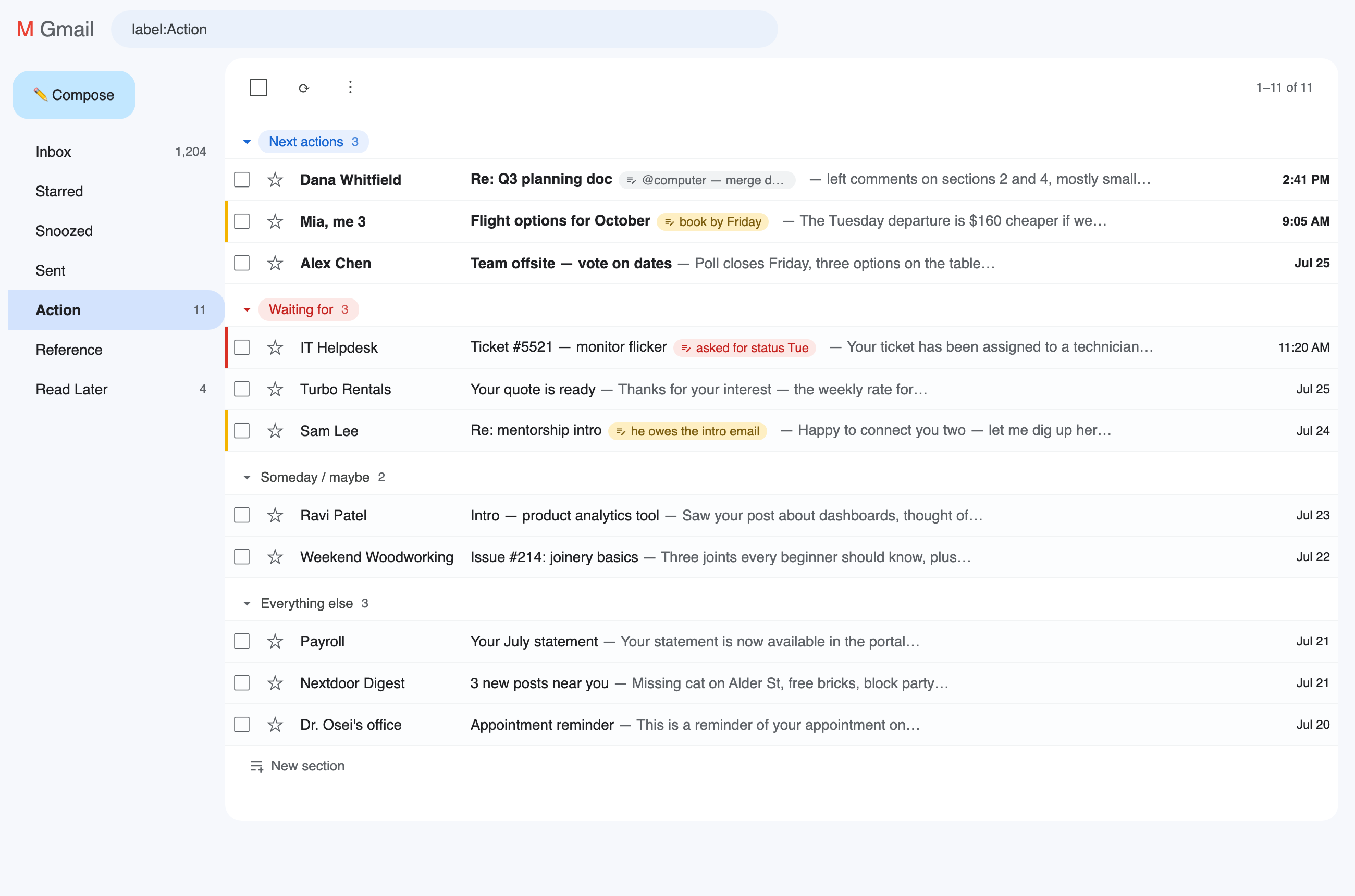 A GTD setup: Next actions, Waiting for, and Someday/maybe shelves in an Action label