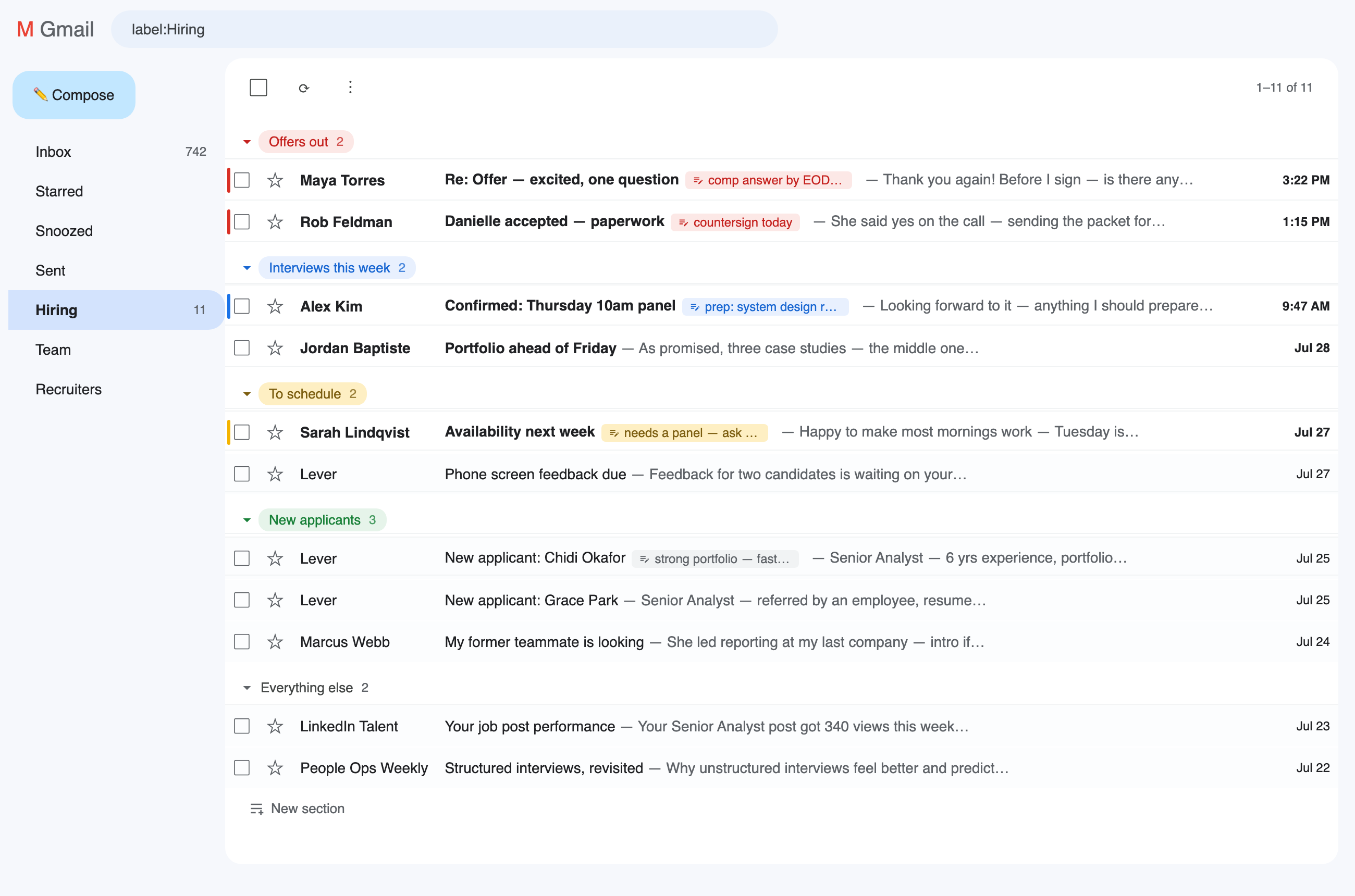A Hiring label: Offers out, Interviews this week, To schedule, and New applicants shelves